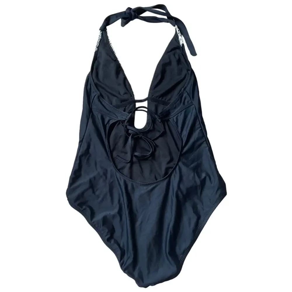 Kona Sol‎ Crochet Deep V One Piece Black Swimsuit Size M